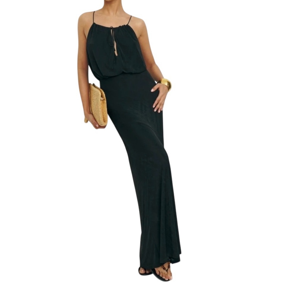 Reformation Black Maxi Slip Dress with Spaghetti Straps